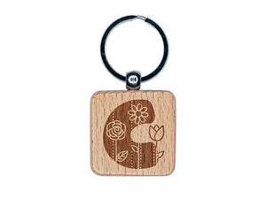 Sweet and Cute Flowers Rounded Block Letter C Engraved Wood Square Keychain Tag Charm