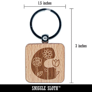 Sweet and Cute Flowers Rounded Block Letter C Engraved Wood Square Keychain Tag Charm