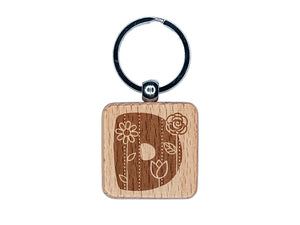 Sweet and Cute Flowers Rounded Block Letter D Engraved Wood Square Keychain Tag Charm