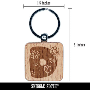 Sweet and Cute Flowers Rounded Block Letter D Engraved Wood Square Keychain Tag Charm