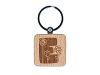 Sweet and Cute Flowers Rounded Block Letter E Engraved Wood Square Keychain Tag Charm