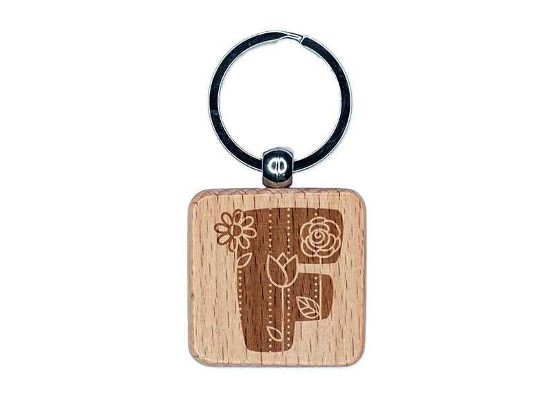 Sweet and Cute Flowers Rounded Block Letter F Engraved Wood Square Keychain Tag Charm