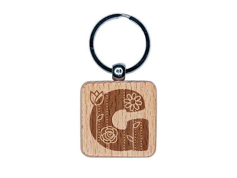 Sweet and Cute Flowers Rounded Block Letter G Engraved Wood Square Keychain Tag Charm