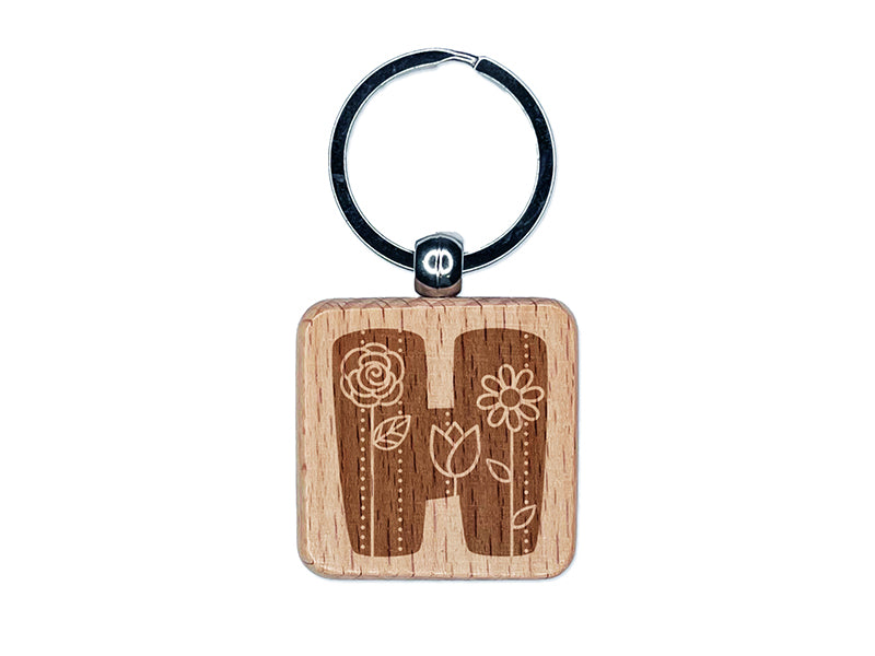 Sweet and Cute Flowers Rounded Block Letter H Engraved Wood Square Keychain Tag Charm