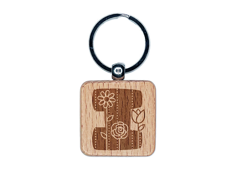 Sweet and Cute Flowers Rounded Block Letter I Engraved Wood Square Keychain Tag Charm