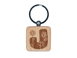 Sweet and Cute Flowers Rounded Block Letter J Engraved Wood Square Keychain Tag Charm