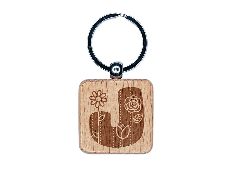 Sweet and Cute Flowers Rounded Block Letter J Engraved Wood Square Keychain Tag Charm