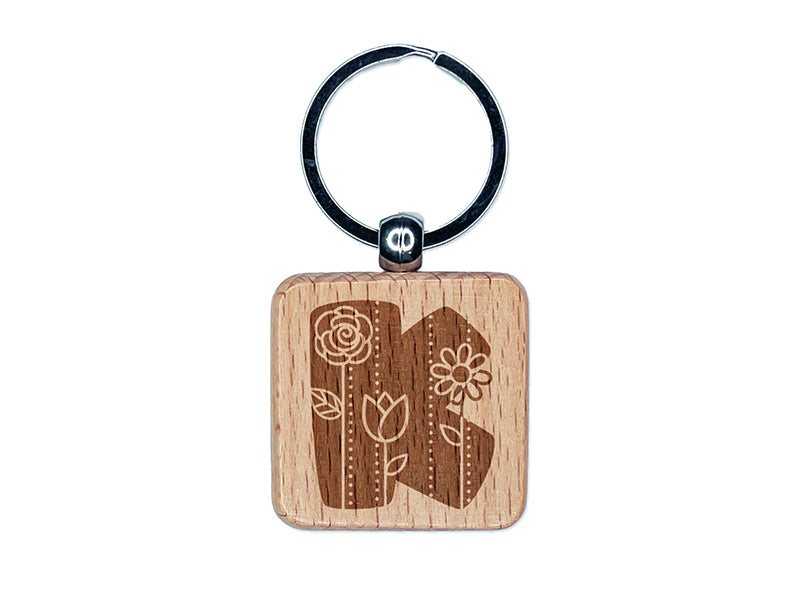 Sweet and Cute Flowers Rounded Block Letter K Engraved Wood Square Keychain Tag Charm