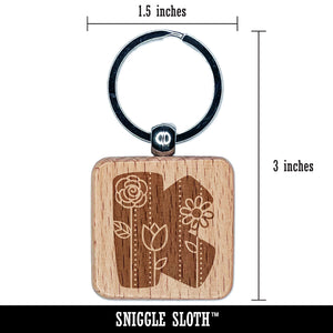 Sweet and Cute Flowers Rounded Block Letter K Engraved Wood Square Keychain Tag Charm