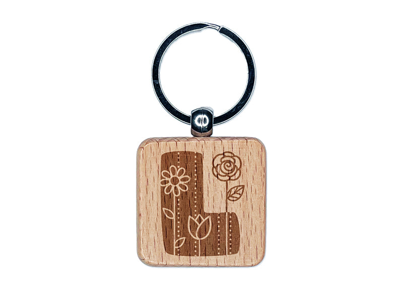 Sweet and Cute Flowers Rounded Block Letter L Engraved Wood Square Keychain Tag Charm