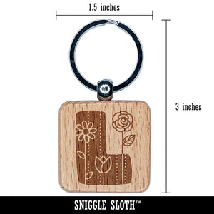 Sweet and Cute Flowers Rounded Block Letter L Engraved Wood Square Keychain Tag Charm