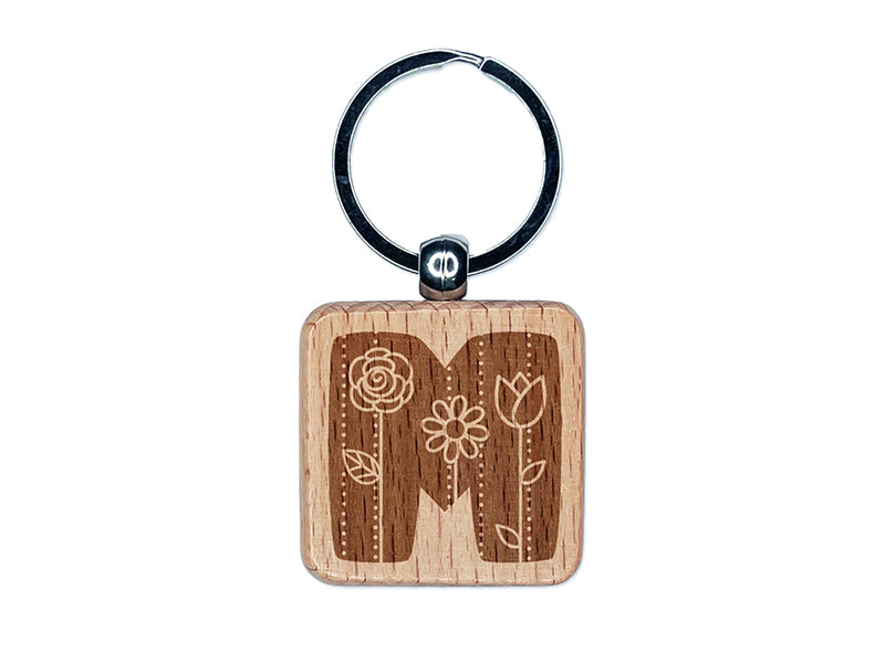 Sweet and Cute Flowers Rounded Block Letter M Engraved Wood Square Keychain Tag Charm