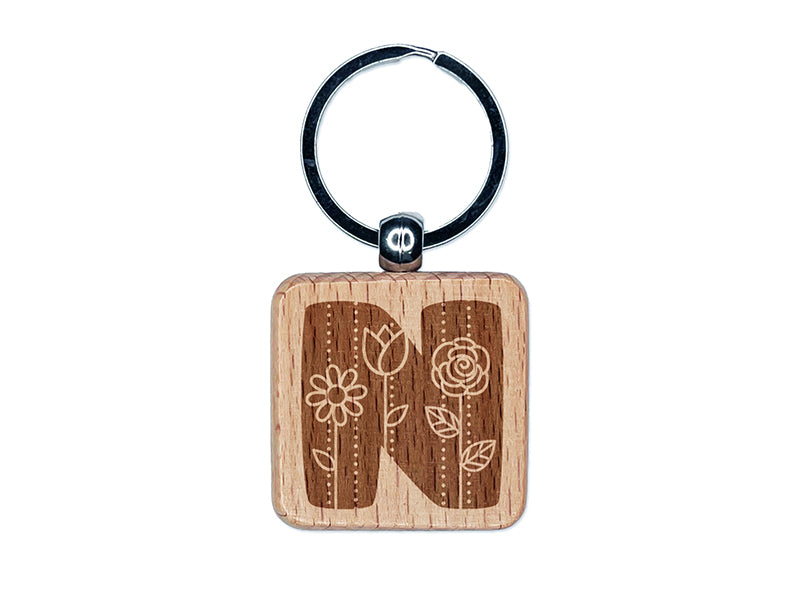 Sweet and Cute Flowers Rounded Block Letter N Engraved Wood Square Keychain Tag Charm