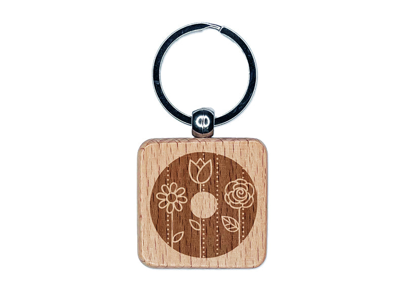 Sweet and Cute Flowers Rounded Block Letter O Engraved Wood Square Keychain Tag Charm