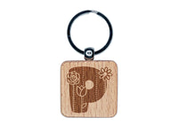 Sweet and Cute Flowers Rounded Block Letter P Engraved Wood Square Keychain Tag Charm