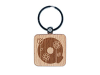 Sweet and Cute Flowers Rounded Block Letter Q Engraved Wood Square Keychain Tag Charm