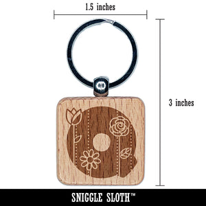 Sweet and Cute Flowers Rounded Block Letter Q Engraved Wood Square Keychain Tag Charm