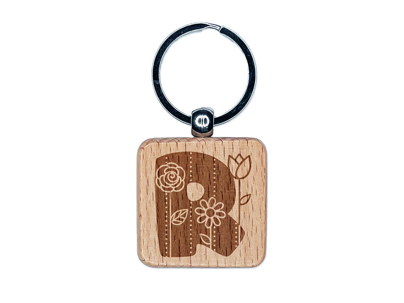 Sweet and Cute Flowers Rounded Block Letter R Engraved Wood Square Keychain Tag Charm