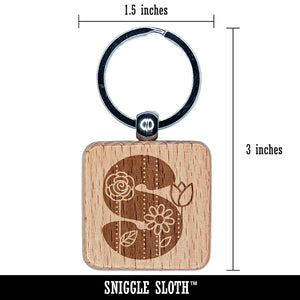 Sweet and Cute Flowers Rounded Block Letter S Engraved Wood Square Keychain Tag Charm