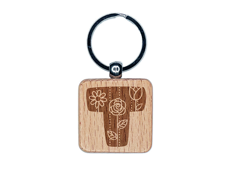 Sweet and Cute Flowers Rounded Block Letter T Engraved Wood Square Keychain Tag Charm