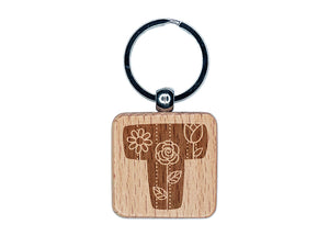 Sweet and Cute Flowers Rounded Block Letter T Engraved Wood Square Keychain Tag Charm