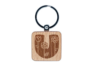 Sweet and Cute Flowers Rounded Block Letter U Engraved Wood Square Keychain Tag Charm