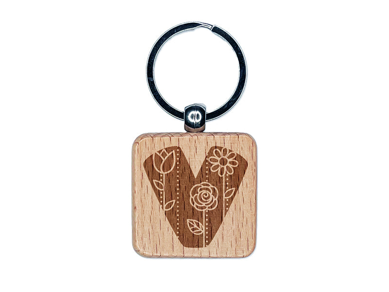 Sweet and Cute Flowers Rounded Block Letter V Engraved Wood Square Keychain Tag Charm