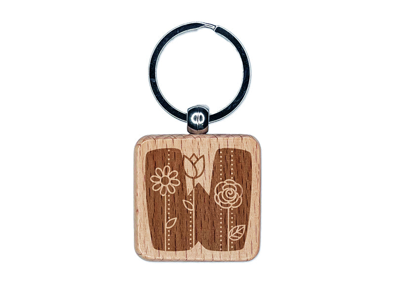 Sweet and Cute Flowers Rounded Block Letter W Engraved Wood Square Keychain Tag Charm