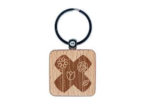 Sweet and Cute Flowers Rounded Block Letter X Engraved Wood Square Keychain Tag Charm