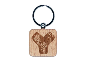 Sweet and Cute Flowers Rounded Block Letter Y Engraved Wood Square Keychain Tag Charm