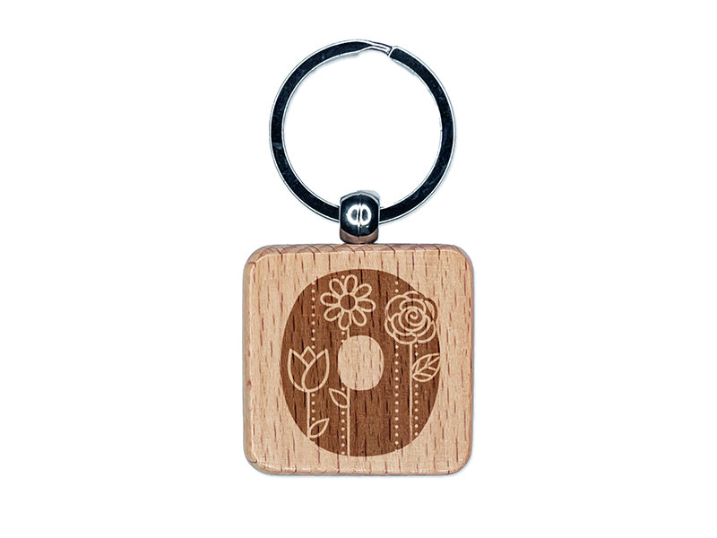 Sweet and Cute Flowers Rounded Block Number 0 Zero Engraved Wood Square Keychain Tag Charm