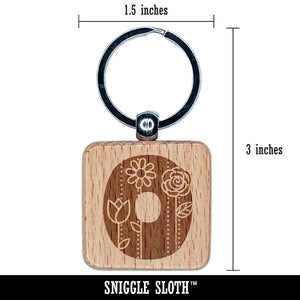 Sweet and Cute Flowers Rounded Block Number 0 Zero Engraved Wood Square Keychain Tag Charm