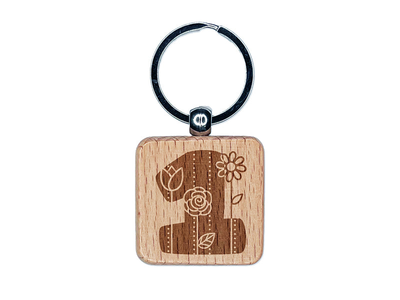 Sweet and Cute Flowers Rounded Block Number 1 One Engraved Wood Square Keychain Tag Charm