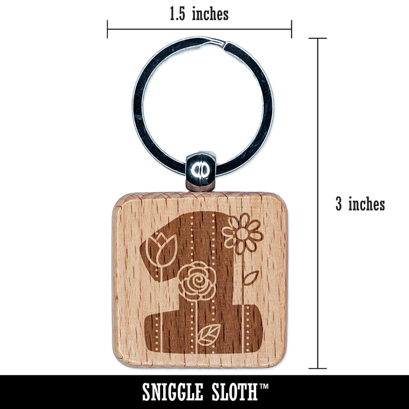 Sweet and Cute Flowers Rounded Block Number 1 One Engraved Wood Square Keychain Tag Charm