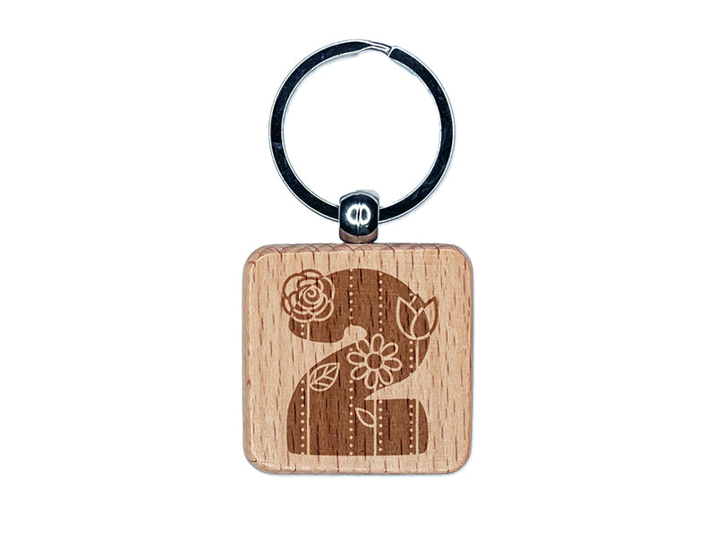 Sweet and Cute Flowers Rounded Block Number 2 Two Engraved Wood Square Keychain Tag Charm