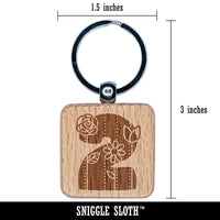 Sweet and Cute Flowers Rounded Block Number 2 Two Engraved Wood Square Keychain Tag Charm