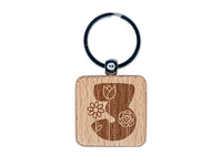 Sweet and Cute Flowers Rounded Block Number 3 Three Engraved Wood Square Keychain Tag Charm