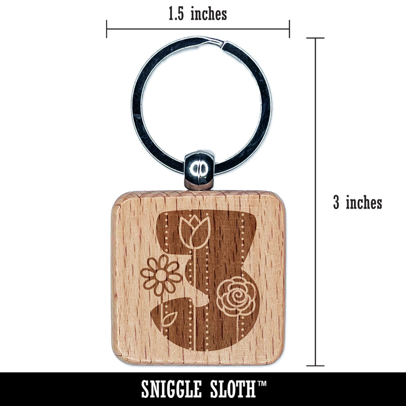 Sweet and Cute Flowers Rounded Block Number 3 Three Engraved Wood Square Keychain Tag Charm