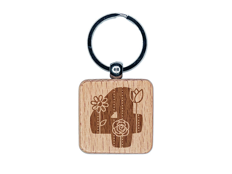 Sweet and Cute Flowers Rounded Block Number 4 Four Engraved Wood Square Keychain Tag Charm