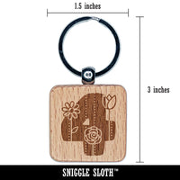 Sweet and Cute Flowers Rounded Block Number 4 Four Engraved Wood Square Keychain Tag Charm