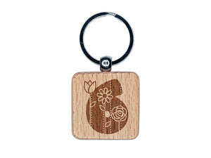 Sweet and Cute Flowers Rounded Block Number 6 Six Engraved Wood Square Keychain Tag Charm