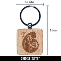 Sweet and Cute Flowers Rounded Block Number 6 Six Engraved Wood Square Keychain Tag Charm