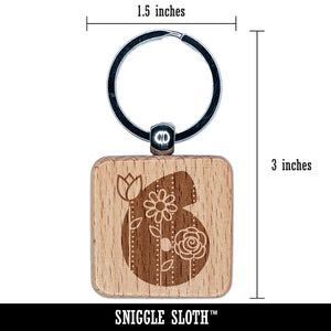 Sweet and Cute Flowers Rounded Block Number 6 Six Engraved Wood Square Keychain Tag Charm