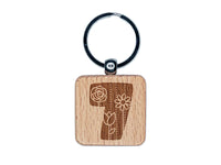 Sweet and Cute Flowers Rounded Block Number 7 Seven Engraved Wood Square Keychain Tag Charm