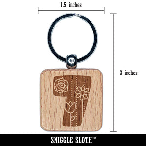 Sweet and Cute Flowers Rounded Block Number 7 Seven Engraved Wood Square Keychain Tag Charm