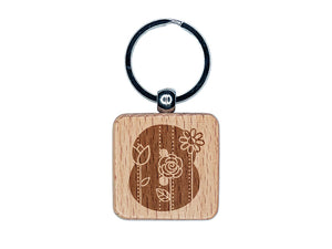 Sweet and Cute Flowers Rounded Block Number 8 Eight Engraved Wood Square Keychain Tag Charm