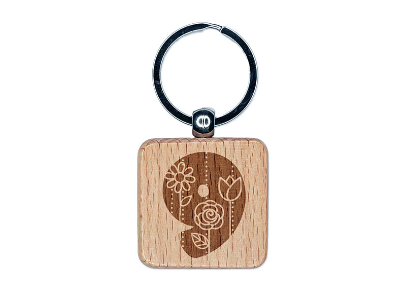 Sweet and Cute Flowers Rounded Block Number 9 Nine Engraved Wood Square Keychain Tag Charm