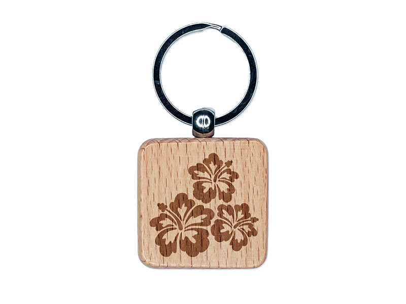 Hibiscus Flower Trio Engraved Wood Square Keychain Tag Charm