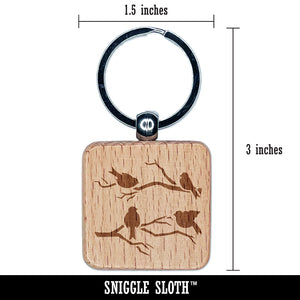 Birds Sitting on Tree Branches Engraved Wood Square Keychain Tag Charm