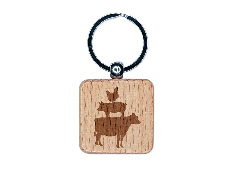 Chicken Pig Cow Stacked Engraved Wood Square Keychain Tag Charm
